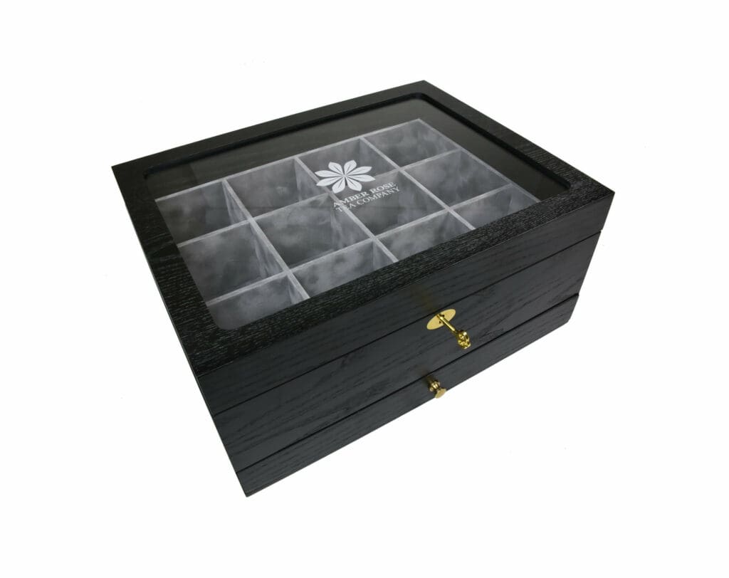 Wooden presentation boxes for Amber Rose Tea