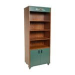 Front view of a bespoke oak veneer rolling point-of-sale display for Alan Paine England.