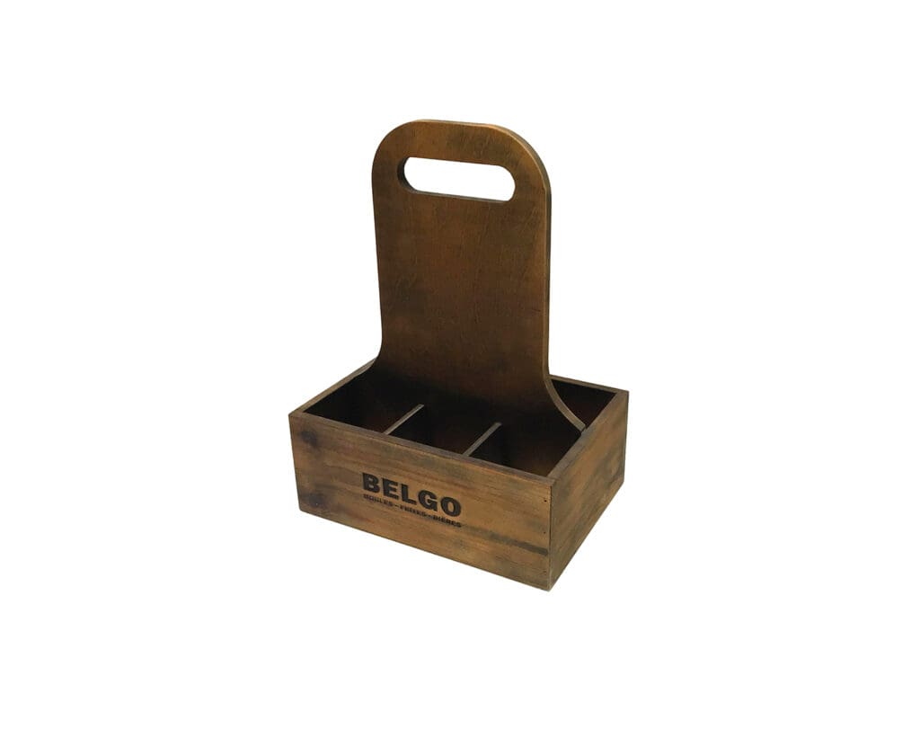 Belgo branded wooden bottle holder caddy with carry handle and divided compartments for bottles.