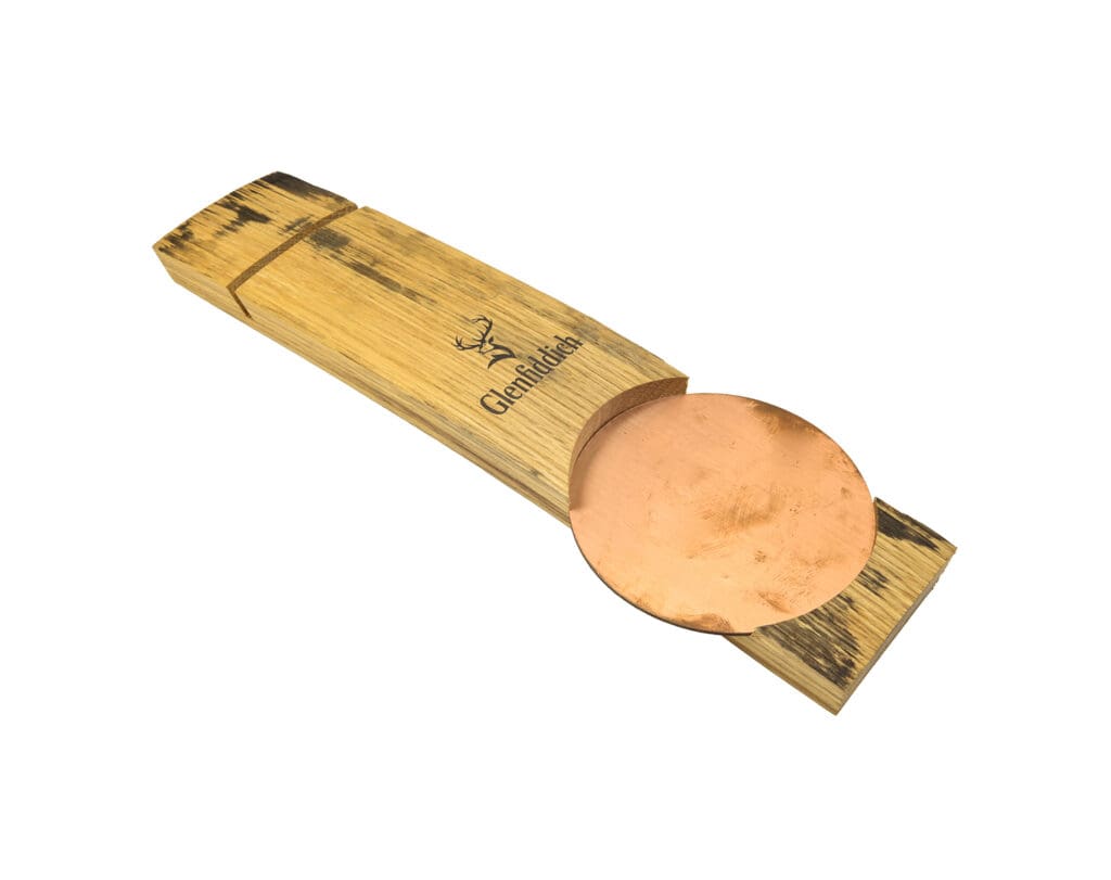 Rustic Glenfiddich wooden service tray with aged copper round insert and laser engraved logo