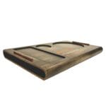 Dark-stained wooden serving and display tray for Reyka Vodka with routed recesses and branded paint-filled engraving