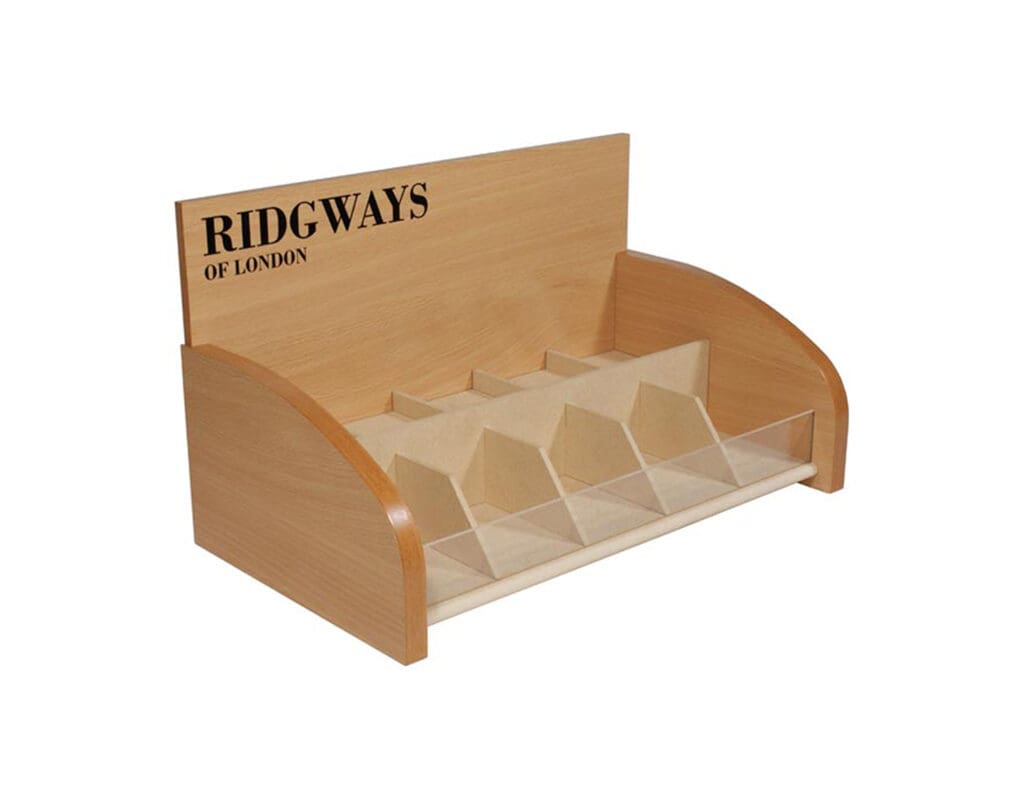 Angled view of the Ridgeways of London wooden tea organiser.