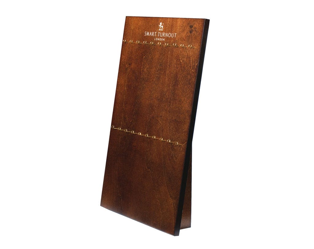 Side perspective of the Smart Turnout London wooden display showing the integrated stand.