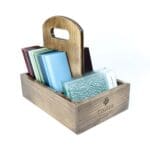 Wooden POS sample caddy with carry handle holding glass and material samples, Timber Windows branded.