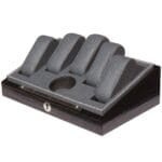 Front view of a five-slot watch display box with protective leather cushions.