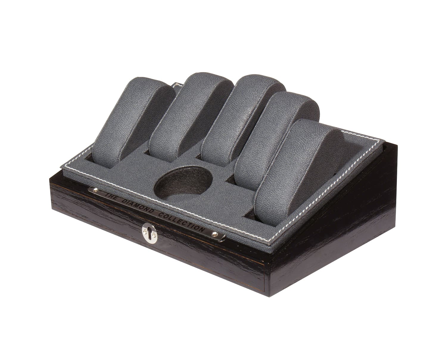 Front view of a five-slot watch display box with protective leather cushions.