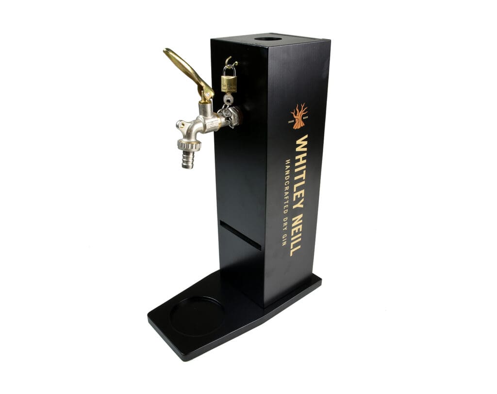 Black Whitley Neill promotional gin dispenser with printed branding and adjustable glass support shelf.