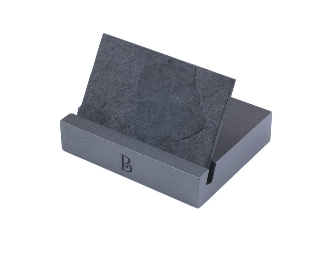 Jewellery display stand with colour-matched slate paint base and replica slate backing panel insert